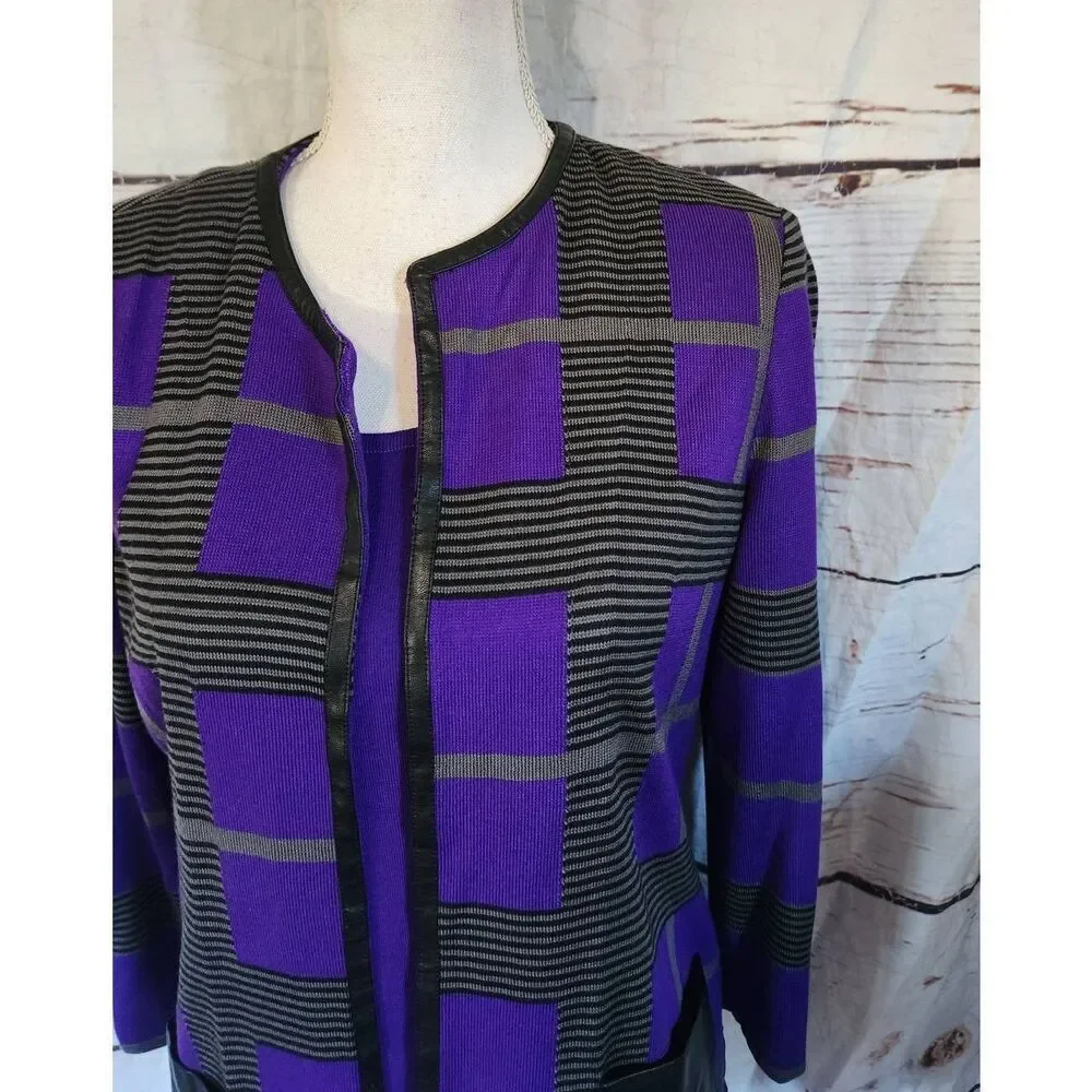 Misook Purple and Black Plaid Knit Leather‎ Trim Cardigan Set Size Small